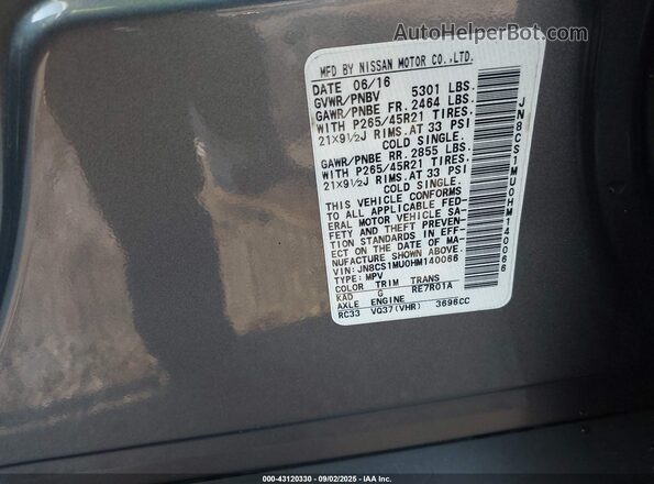 JN8CS1MU0HM140066 2017 INFINITI QX70 Gray Engine compartment view