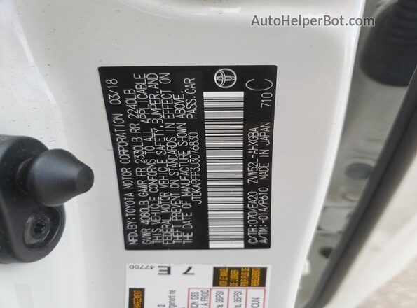 JTDKARFP3J3076830 2018 TOYOTA PRIUS White Вид наклейки з VIN-кодом
