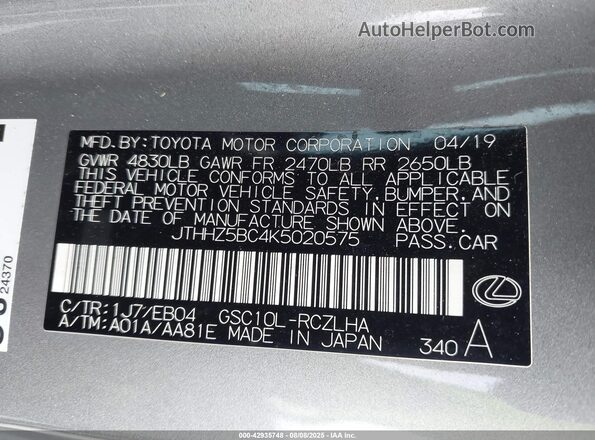 JTHHZ5BC4K5020575 2019 LEXUS RC 350 Silver Widok komory silnika