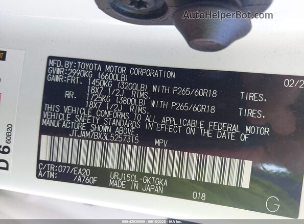 JTJAM7BX3L5257315 2020 LEXUS GX 460 Белый Вид подкапотного пространства