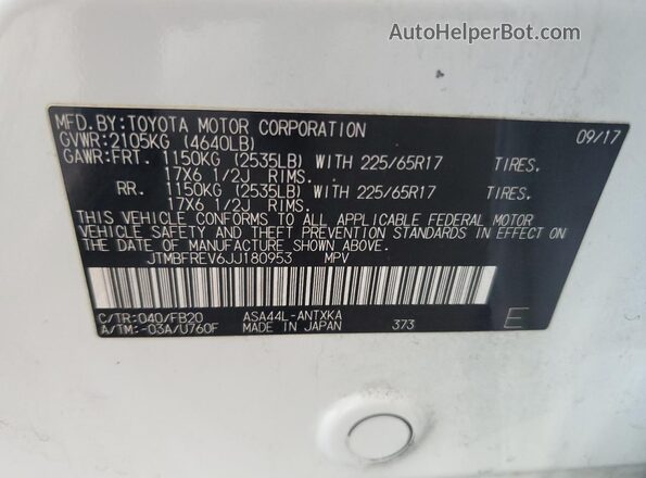 JTMBFREV6JJ180953 2018 TOYOTA LE White Vista de la etiqueta del VIN