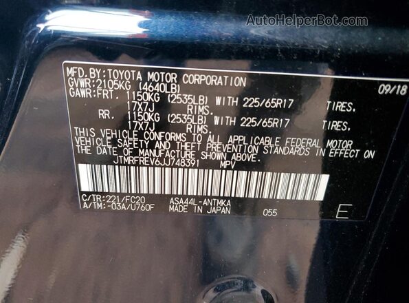 JTMRFREV6JJ748391 2018 TOYOTA RAV4 Blue VIN sticker view
