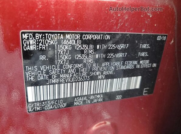 JTMRFREVXJD236373 2018 TOYOTA RAV4 Red Вид наклейки з VIN-кодом