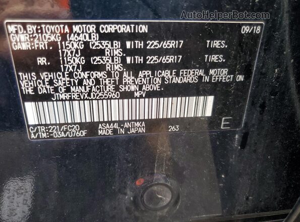 JTMRFREVXJD255960 2018 TOYOTA RAV4 Синий Вид наклейки с VIN-кодом