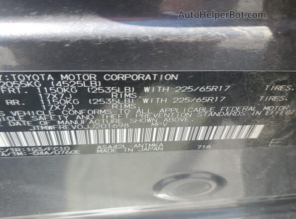 JTMWFREV0JJ201698 2018 TOYOTA RAV4 Gray Vista de la etiqueta del VIN