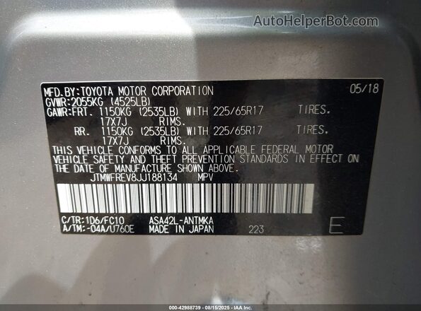 JTMWFREV8JJ188134 2018 TOYOTA LE Silver Вид підкапотного простору