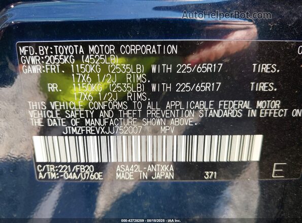 JTMZFREVXJJ752007 2018 TOYOTA LE Black Vista del compartimento del motor
