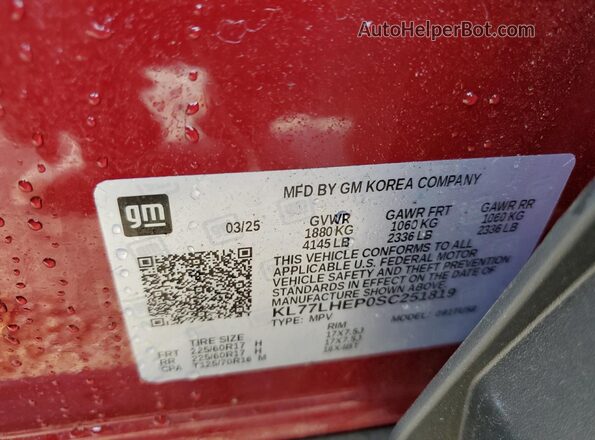 KL77LHEP0SC251819 2025 CHEVROLET TRAX Red Vista de la etiqueta del VIN