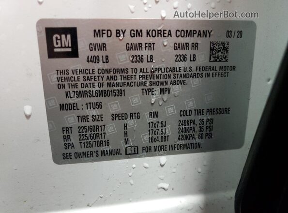 KL79MRSL6MB015391 2021 CHEVROLET TRAILBLAZER White Вид наклейки з VIN-кодом