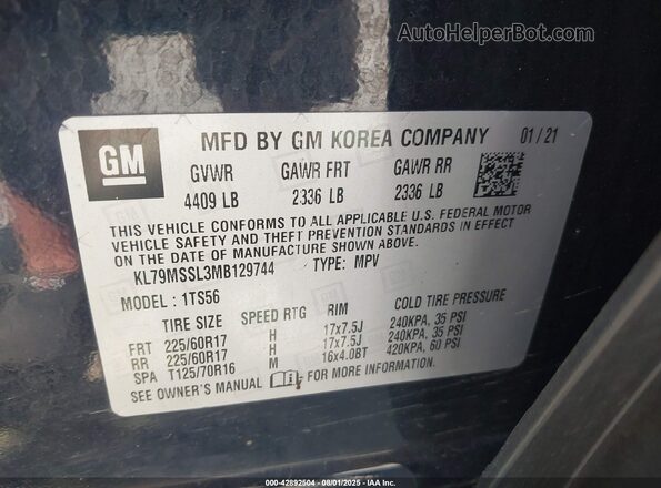 KL79MSSL3MB129744 2021 CHEVROLET TRAILBLAZER Dark Blue Engine compartment view
