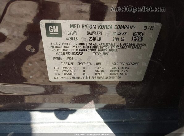 KL7CJLSB2LB353338 2020 CHEVROLET TRAX Purple Engine compartment view