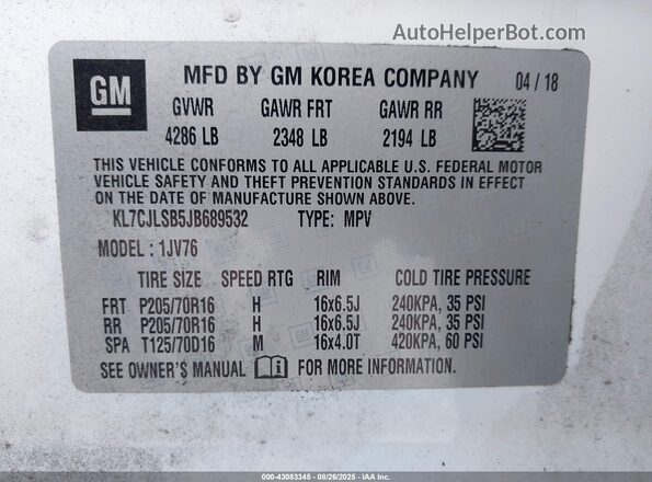 KL7CJLSB5JB689532 2018 CHEVROLET TRAX White ძრავის განყოფილების ხედი