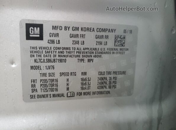 KL7CJLSB6JB719010 2018 CHEVROLET TRAX Gray Vista de la etiqueta del VIN