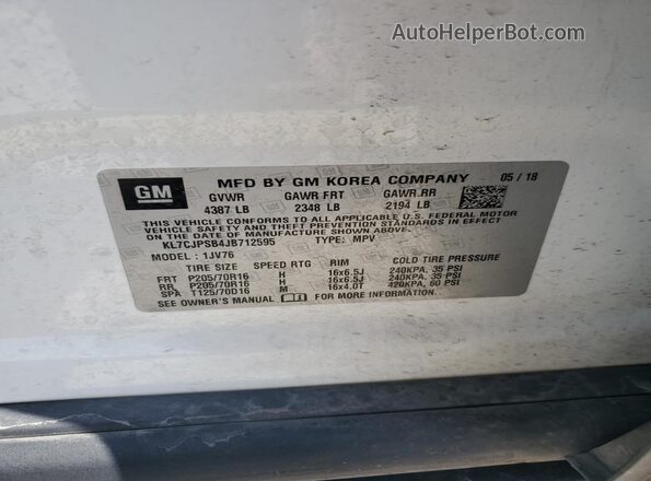 KL7CJPSB4JB712595 2018 CHEVROLET TRAX White ძრავის განყოფილების ხედი