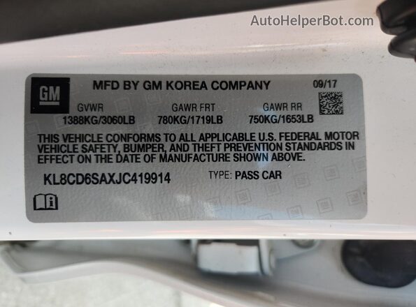 KL8CD6SAXJC419914 2018 CHEVROLET SPARK White VIN კოდის სტიკერის ხედი