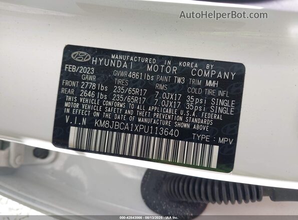KM8JBCA1XPU113640 2023 HYUNDAI TUCSON HYBRID White Vista del compartimento del motor