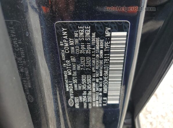KM8R5DHE6MU317811 2021 HYUNDAI PALISADE Black VIN კოდის სტიკერის ხედი