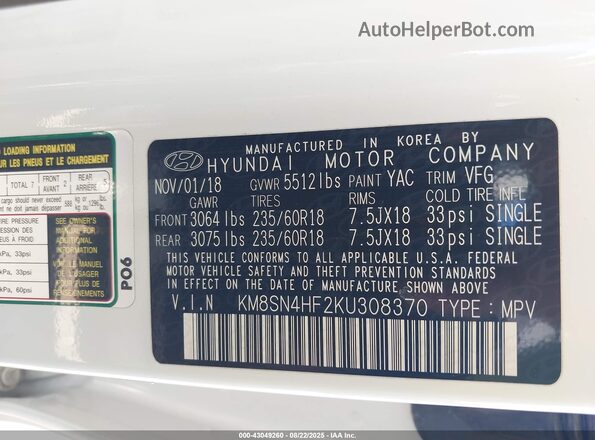 KM8SN4HF2KU308370 2019 HYUNDAI SANTA FE XL Белый Вид подкапотного пространства