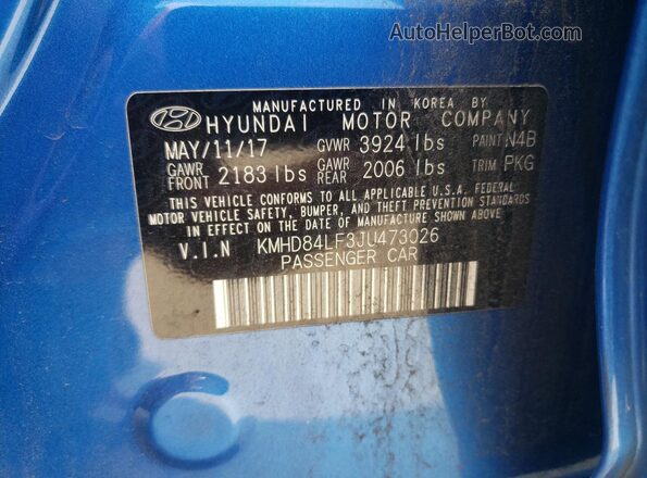 KMHD84LF3JU473026 2018 HYUNDAI ELANTRA Blue Widok komory silnika