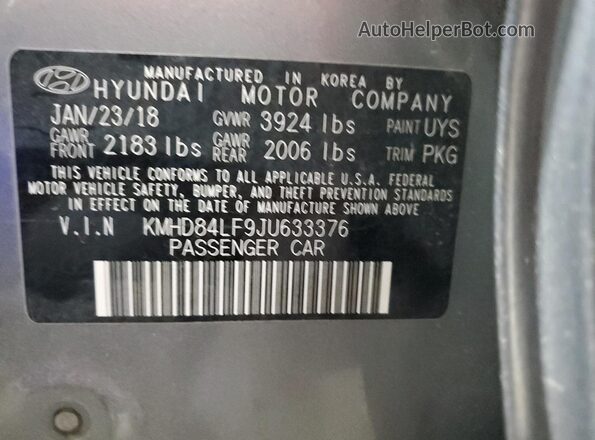 KMHD84LF9JU633376 2018 HYUNDAI ELANTRA Gray Вид підкапотного простору