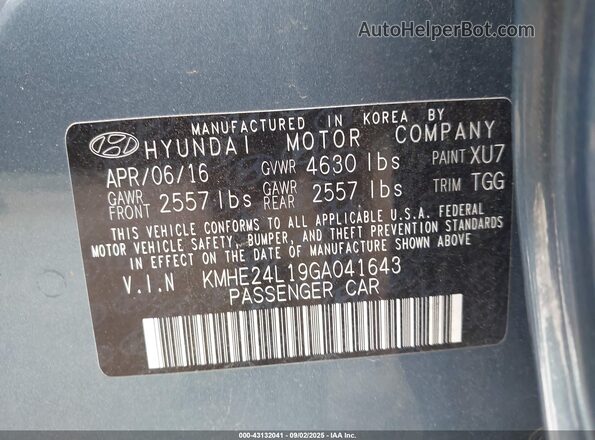 KMHE24L19GA041643 2016 HYUNDAI SONATA HYBRID Blue Vista del compartimento del motor