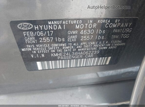 KMHE24L34HA062239 2017 HYUNDAI SONATA HYBRID Gray Vista del compartimento del motor