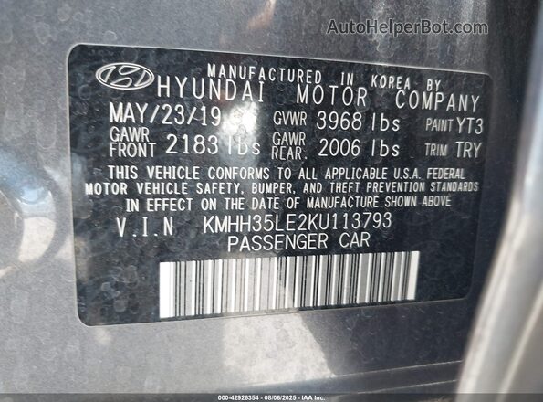 KMHH35LE2KU113793 2019 HYUNDAI ELANTRA GT Gray Widok komory silnika