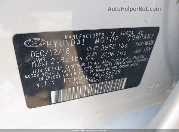 KMHH35LE5KU096729 2019 HYUNDAI ELANTRA GT White Вид підкапотного простору