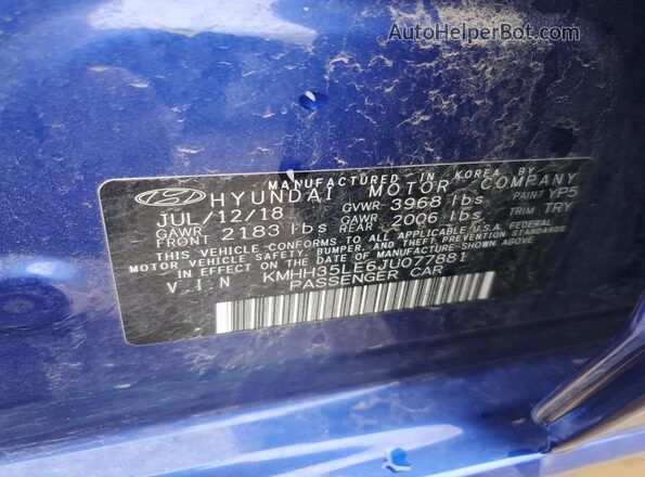 KMHH35LE6JU077881 2018 HYUNDAI ELANTRA Blue Vista del compartimento del motor