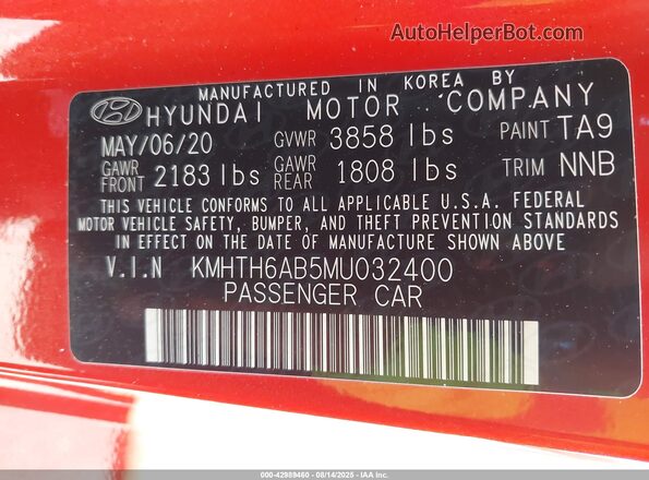 KMHTH6AB5MU032400 2021 HYUNDAI VELOSTER Orange Widok komory silnika