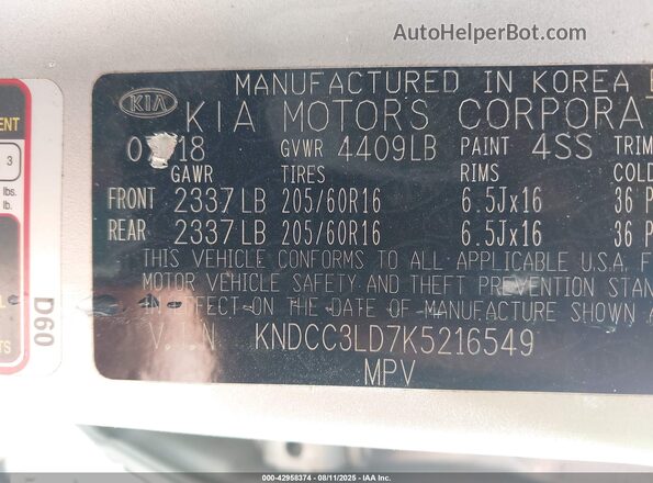 KNDCC3LD7K5216549 2019 KIA NIRO PLUG-IN HYBRID Silver ძრავის განყოფილების ხედი