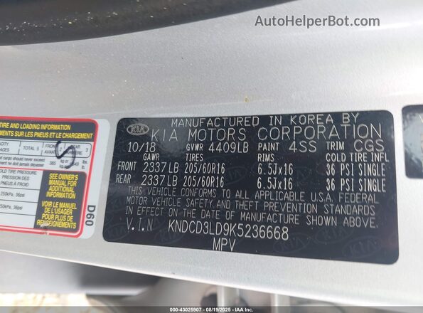 KNDCD3LD9K5236668 2019 KIA NIRO PLUG-IN HYBRID Silver Widok komory silnika