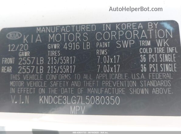 KNDCE3LG7L5080350 2020 KIA NIRO EV White Engine compartment view