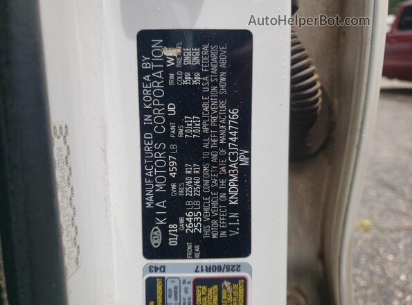 KNDPM3AC3J7447766 2018 KIA SPORTAGE White VIN კოდის სტიკერის ხედი
