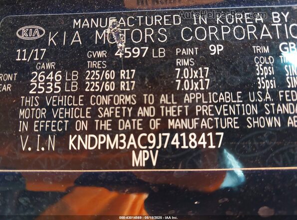 KNDPM3AC9J7418417 2018 KIA SPORTAGE Black Շարժիչի բաժամունքի տեսք