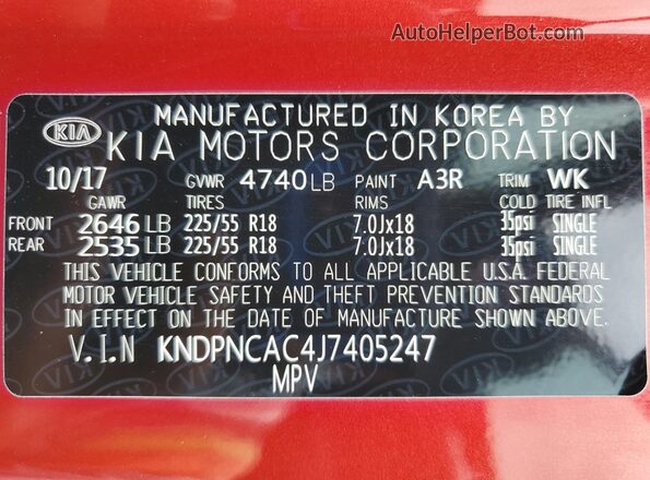 KNDPNCAC4J7405247 2018 KIA SPORTAGE Red Widok naklejki z numerem VIN