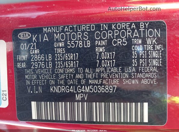 KNDRG4LG4M5036897 2021 KIA SORENTO HYBRID Красный Вид подкапотного пространства