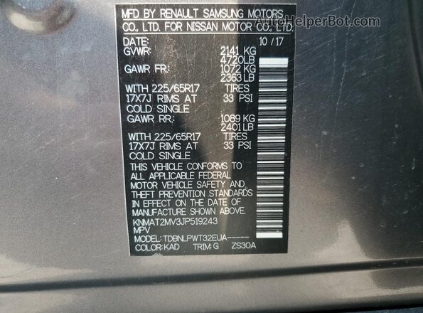 KNMAT2MV3JP519243 2018 NISSAN ROGUE Gray Widok naklejki z numerem VIN