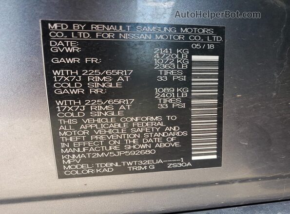 KNMAT2MV5JP592680 2018 NISSAN ROGUE Gray VIN კოდის სტიკერის ხედი