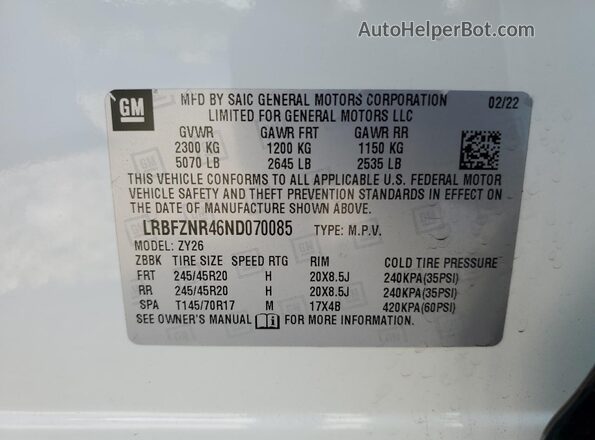 LRBFZNR46ND070085 2022 BUICK ENVISION White Widok naklejki z numerem VIN