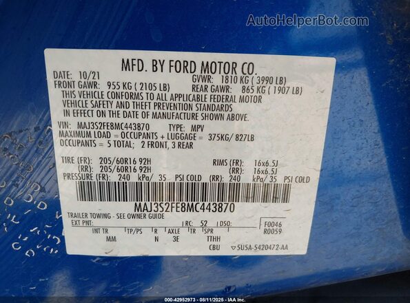 MAJ3S2FE8MC443870 2021 FORD ECOSPORT Blue Vista del compartimento del motor