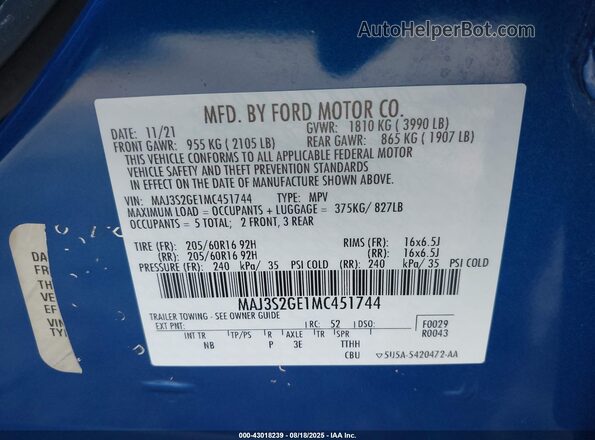 MAJ3S2GE1MC451744 2021 FORD ECOSPORT Blue Շարժիչի բաժամունքի տեսք