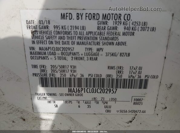MAJ6P1CL0JC202957 2018 FORD ECOSPORT White Вид підкапотного простору