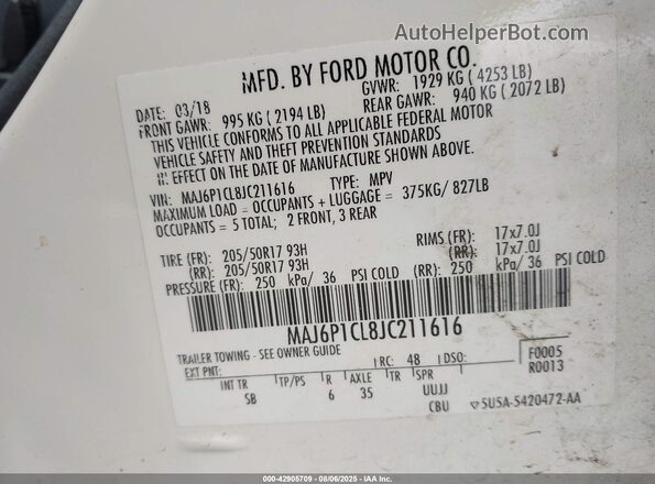 MAJ6P1CL8JC211616 2018 FORD ECOSPORT White ძრავის განყოფილების ხედი
