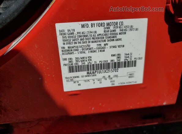 MAJ6P1UL1JC215702 2018 FORD ECOSPORT Красный Вид подкапотного пространства