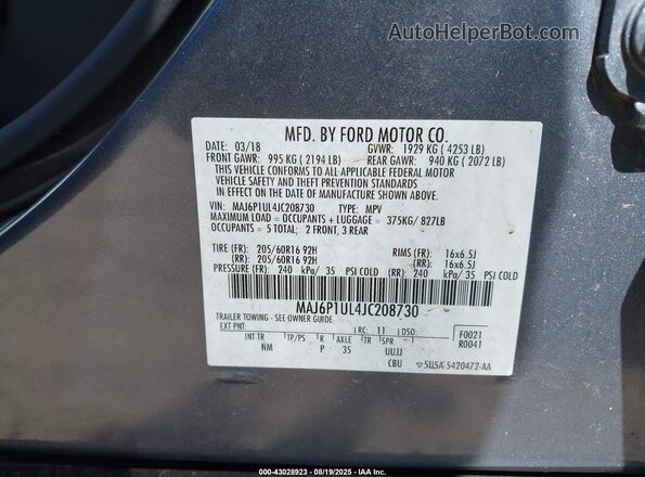 MAJ6P1UL4JC208730 2018 FORD ECOSPORT Серый Вид подкапотного пространства
