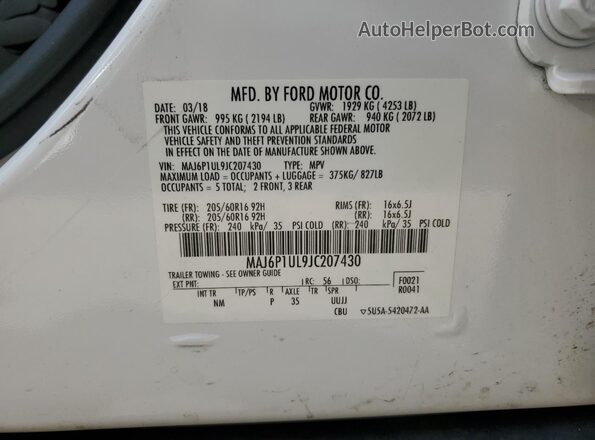 MAJ6P1UL9JC207430 2018 FORD ECOSPORT White ძრავის განყოფილების ხედი