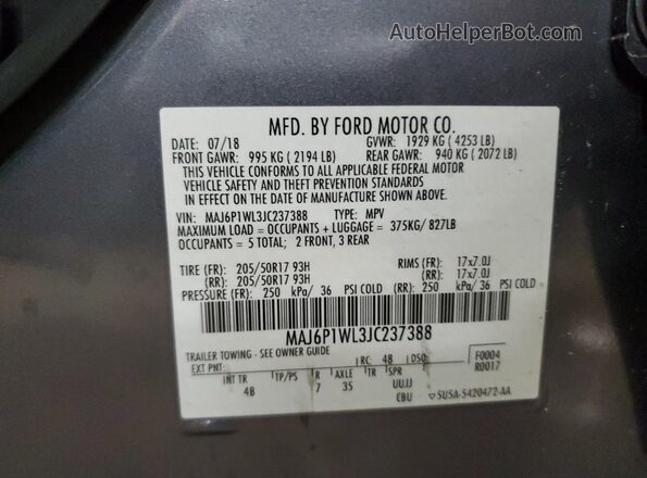 MAJ6P1WL3JC237388 2018 FORD ECOSPORT Gray Vista de la etiqueta del VIN