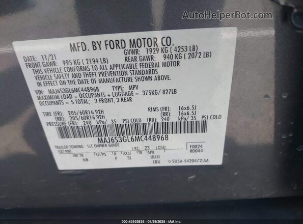 MAJ6S3GL6MC448968 2021 FORD ECOSPORT Gray Вид підкапотного простору