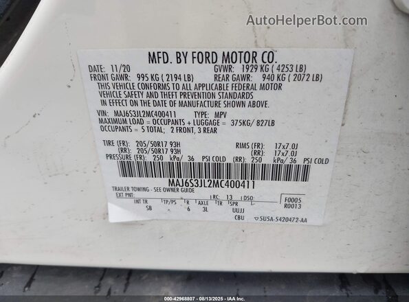 MAJ6S3JL2MC400411 2021 FORD ECOSPORT White Vista del compartimento del motor